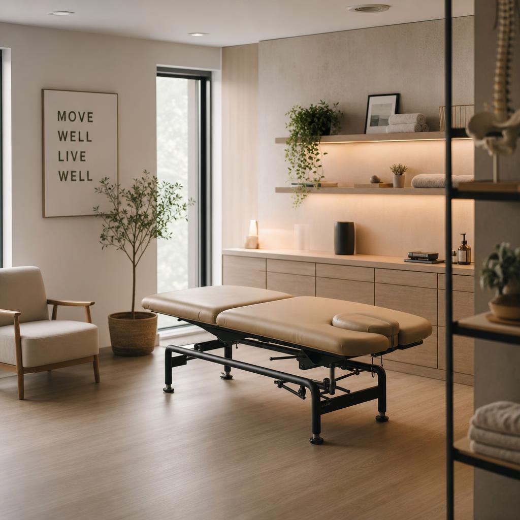 Ruben Nel treatment room with a plinth, natural light and clinic equipment